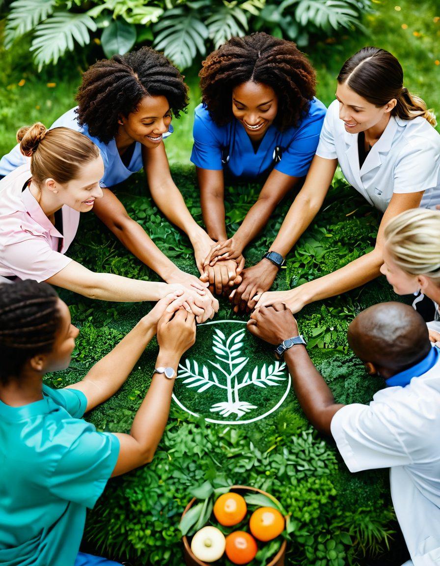 A diverse group of patients displaying strength and resilience, engaged in a supportive circle, with lush greenery in the background symbolizing growth and healing. Include visual elements like medical symbols, inspirational quotes floating in the air, and healthy food options on a table to emphasize wellness. Warm, uplifting color palette to inspire hope. super-realistic. vibrant colors. soft focus.