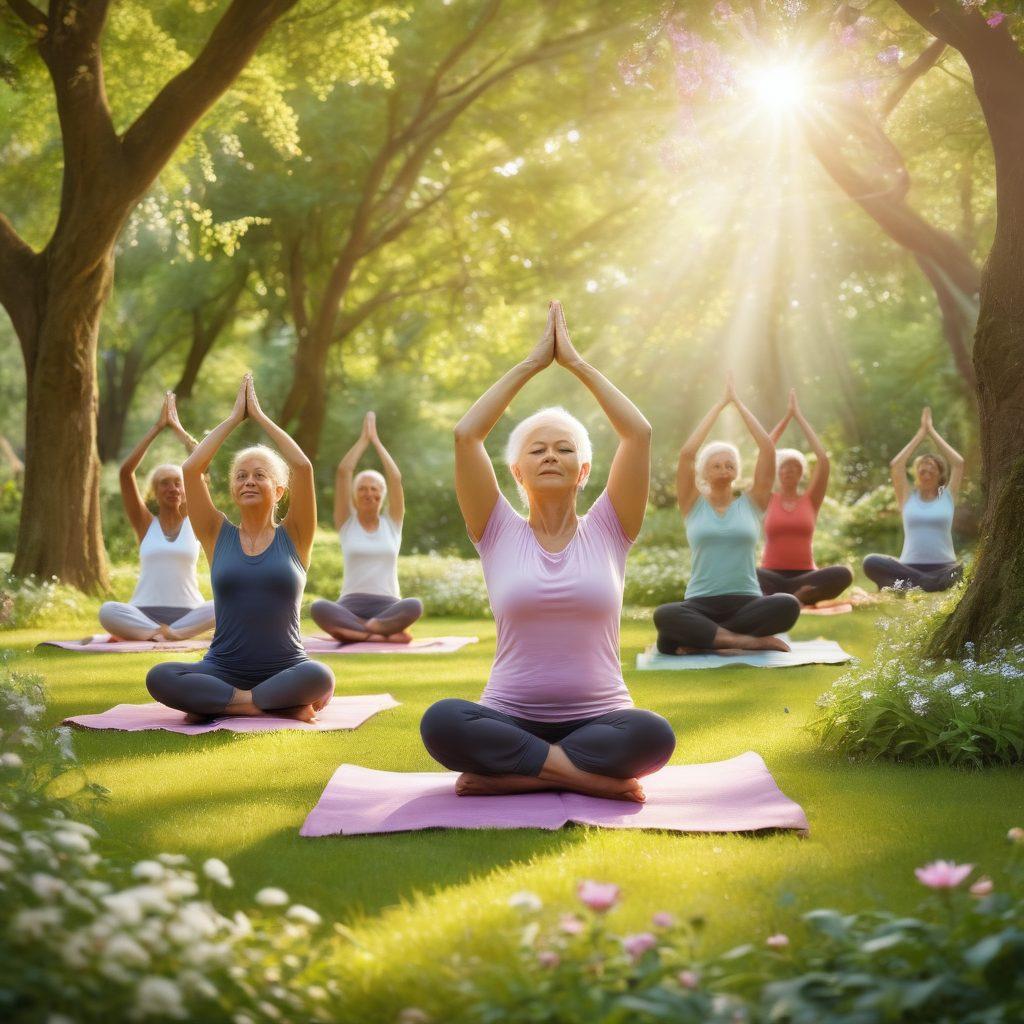 A serene landscape depicting a diverse group of cancer survivors practicing yoga in a lush green park, surrounded by blooming flowers and trees, radiating joy and strength. Soft sunlight filters through the leaves, casting a warm glow on their faces as they connect with nature. Include uplifting elements like butterflies and birds to symbolize transformation and hope. vibrant colors. super-realistic.
